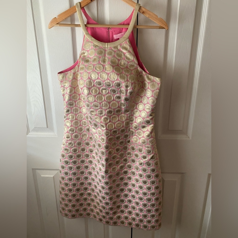 Lilly Pulitzer Pearl Halter Mini Shift Dress Pink Pop Dot Jacquard Metallic 12 - Picture 2 of 12